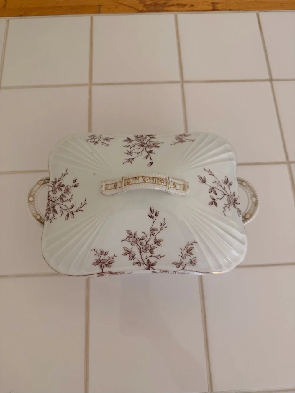 Vintage Austrian Brown Floral Covered Bone China Serving Dish Gold Trim EC